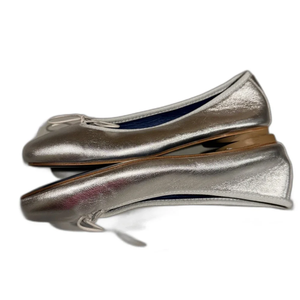 NUR Italy Ballet Flats Metallic Silver Leather Bow Women EU 39 US 8.5 Flat Shoes